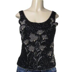 VTG 60s Hand Beaded M Floral Mod Glam Cocktail Party Wool MCM Shell Top Black